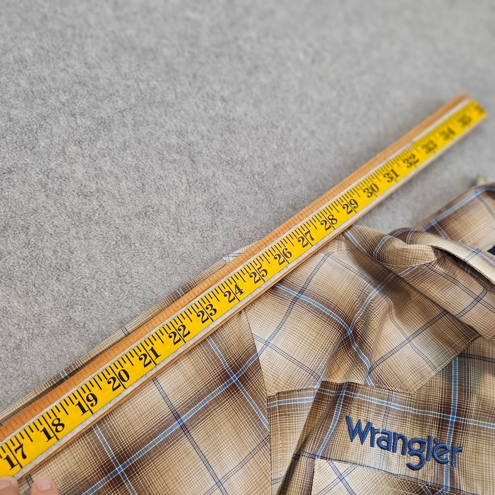 Wrangler Mens Plaid Western Pearl Snap Shirt Embroidered Rodeo Tan Blue L - Picture 13 of 16